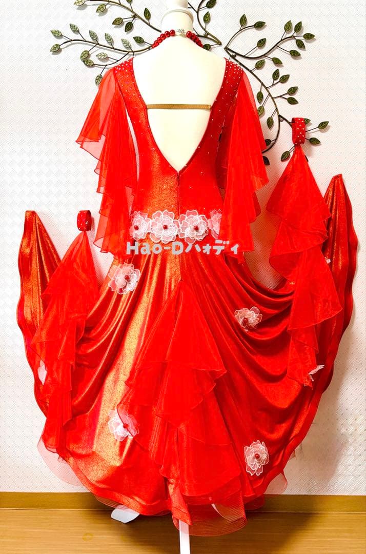 新品★ダンスドレス★スタンダード★社交ダンス★競技会★パーティー★オレンジレッド