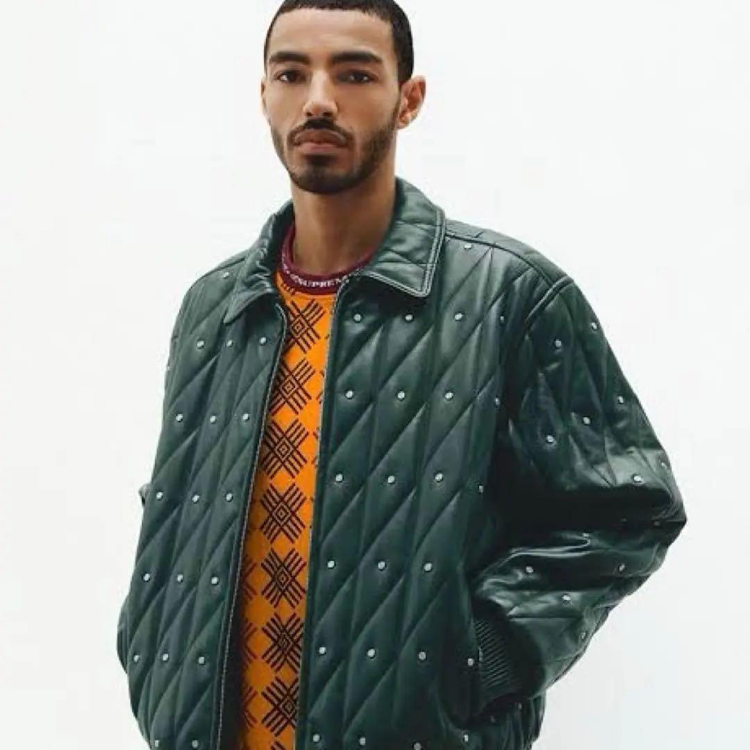 supreme Quilted Studded Leather Jacket 黒