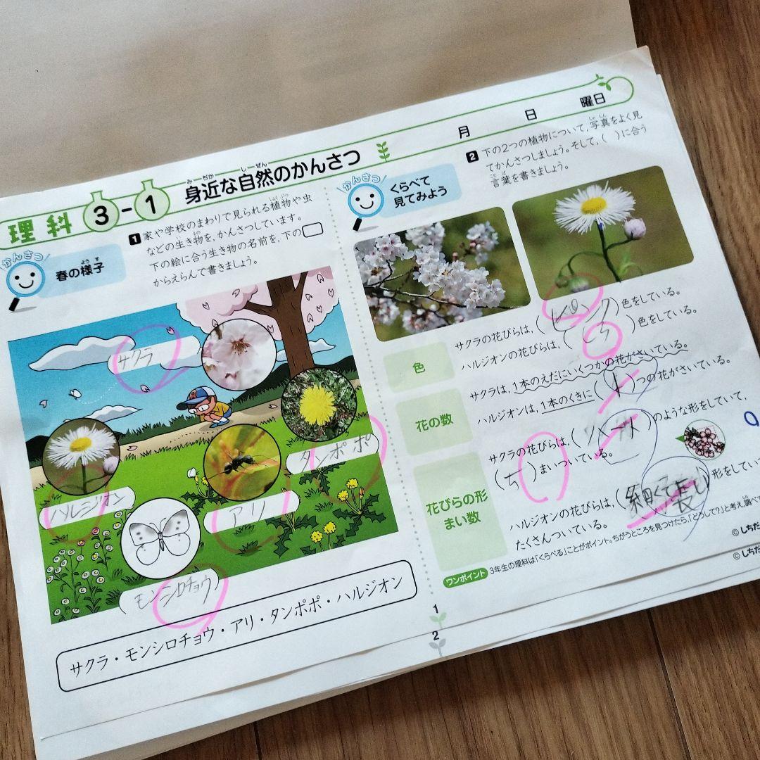 七田式プリント　理科 社会 3年生 (1冊目の一部のみ記入、その他未記入)