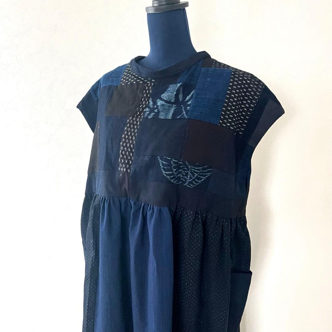 ✴︎藍染木綿ワンピース✳︎古布リメイク✴︎蚊絣＊藍染パッチワーク＊ゆったり＊
