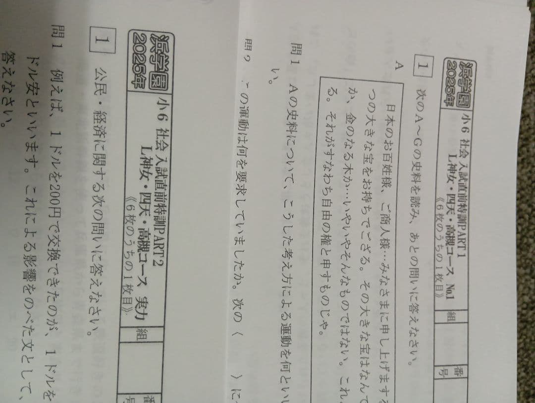 浜学園　小6社会志望校別特訓　神戸女学院中/四天/高槻　ｌコース2025年中古