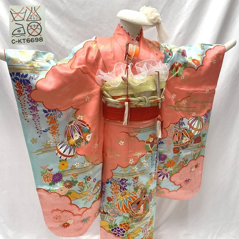 603ag12■七五三 七歳 女児 着物&袋帯&長襦袢 金駒刺繍 ピンク■美品