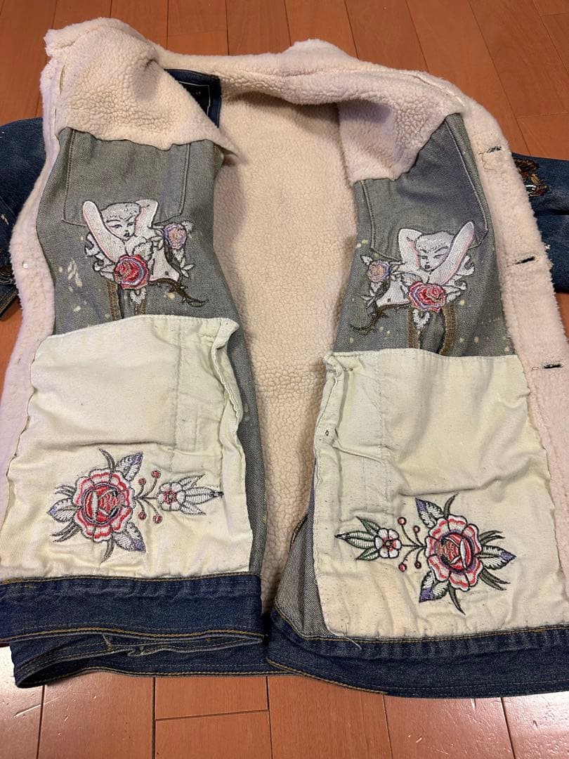 REASON 刺繍　デニムジャケット ボア襟　3XLサイズ　ダメージ加工Gジャン