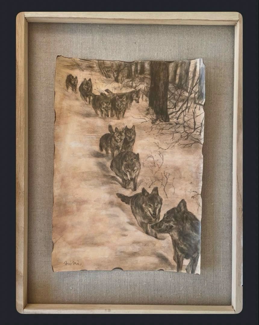 「オオカミの群れ 」鉛筆画※原画※真作※直筆サイン入り※額無し