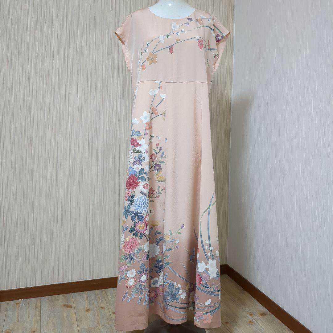 着物リメイク　正絹訪問着　作家物　フレアーロングワンピースドレス　裏地付