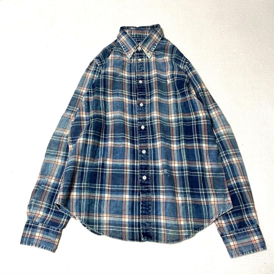 美品 ラルフローレン インディゴ チェック シャツ ブリーチ加工 ポニー XL