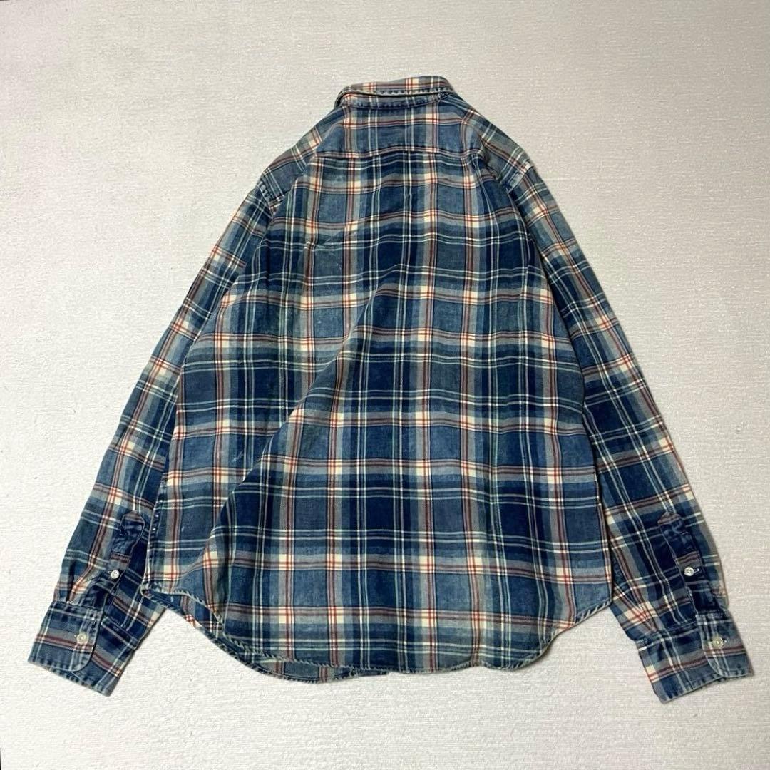 美品 ラルフローレン インディゴ チェック シャツ ブリーチ加工 ポニー XL
