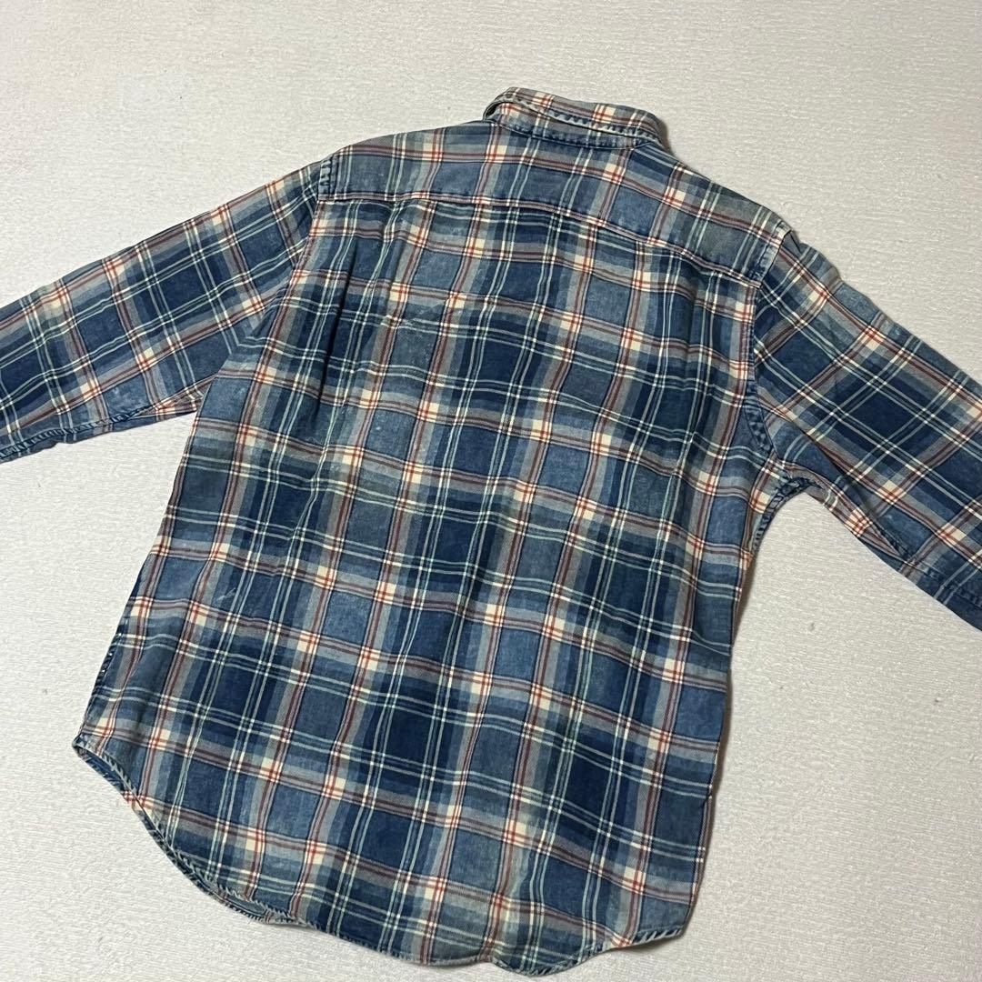 美品 ラルフローレン インディゴ チェック シャツ ブリーチ加工 ポニー XL