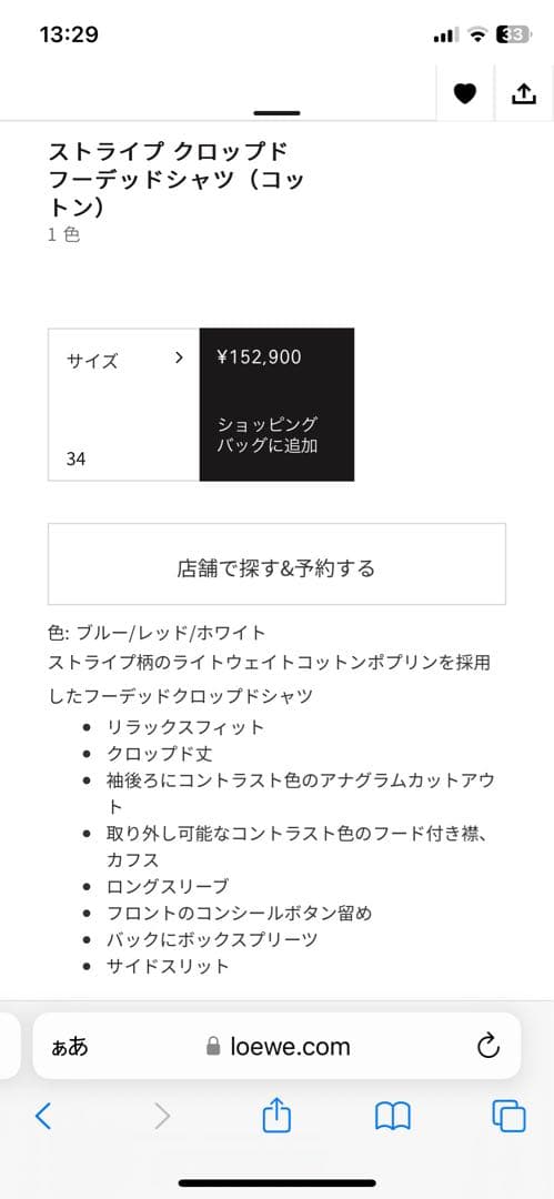 T*.様 LOEWE フード付きストライプシャツ 34