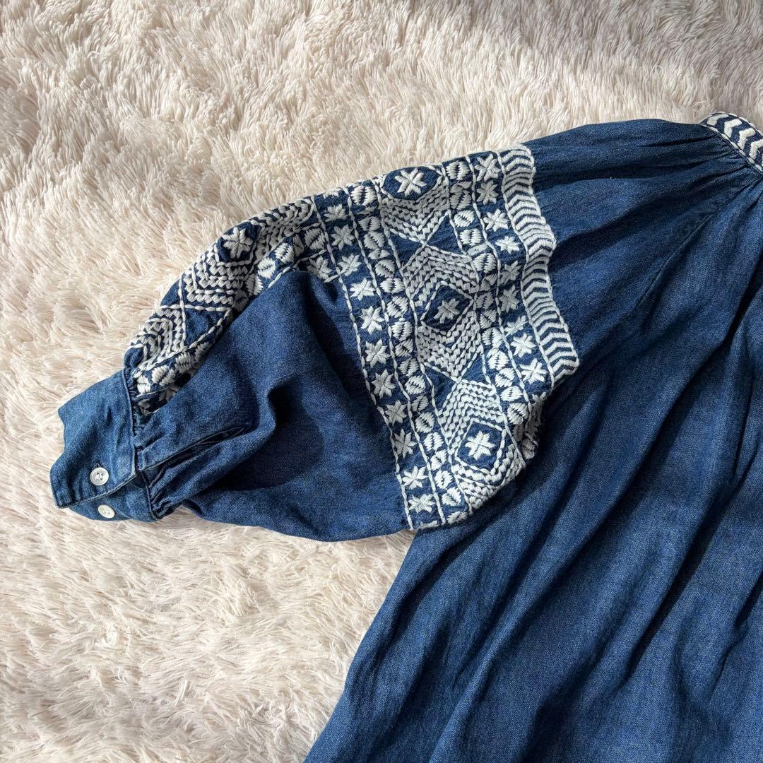 グレースクラス デニム刺繍ワンピース ボリューム袖 七分丈
