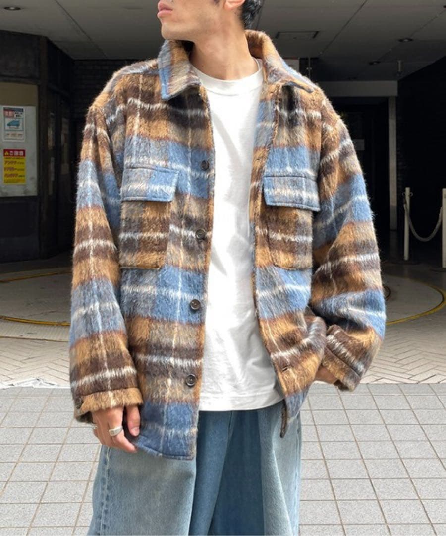【極美品】即完売 CPCM シャギー チェック CPOシャツジャケット ブルー