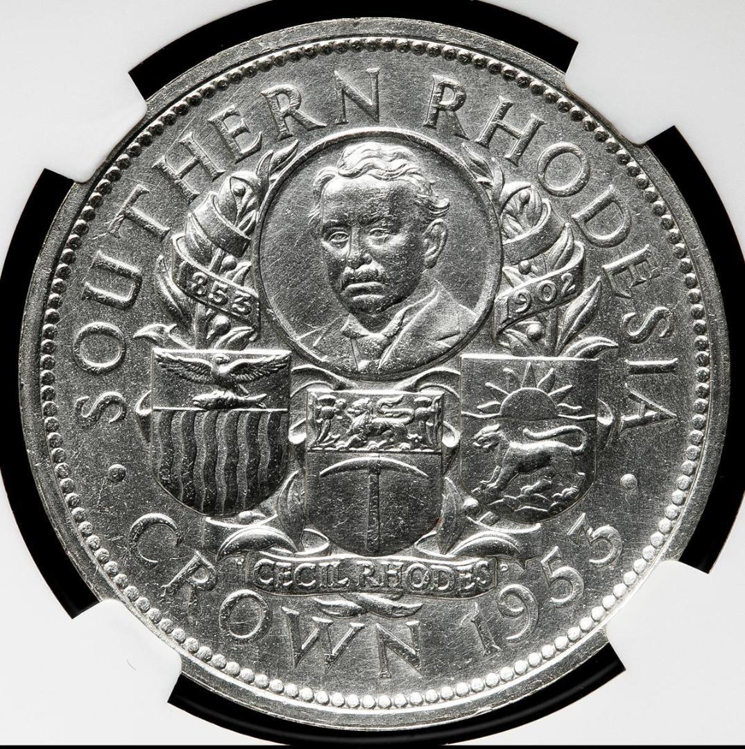 NGC-UNC 洗浄　南ローデシア　1953　エリザベス2世　クラウン　銀貨