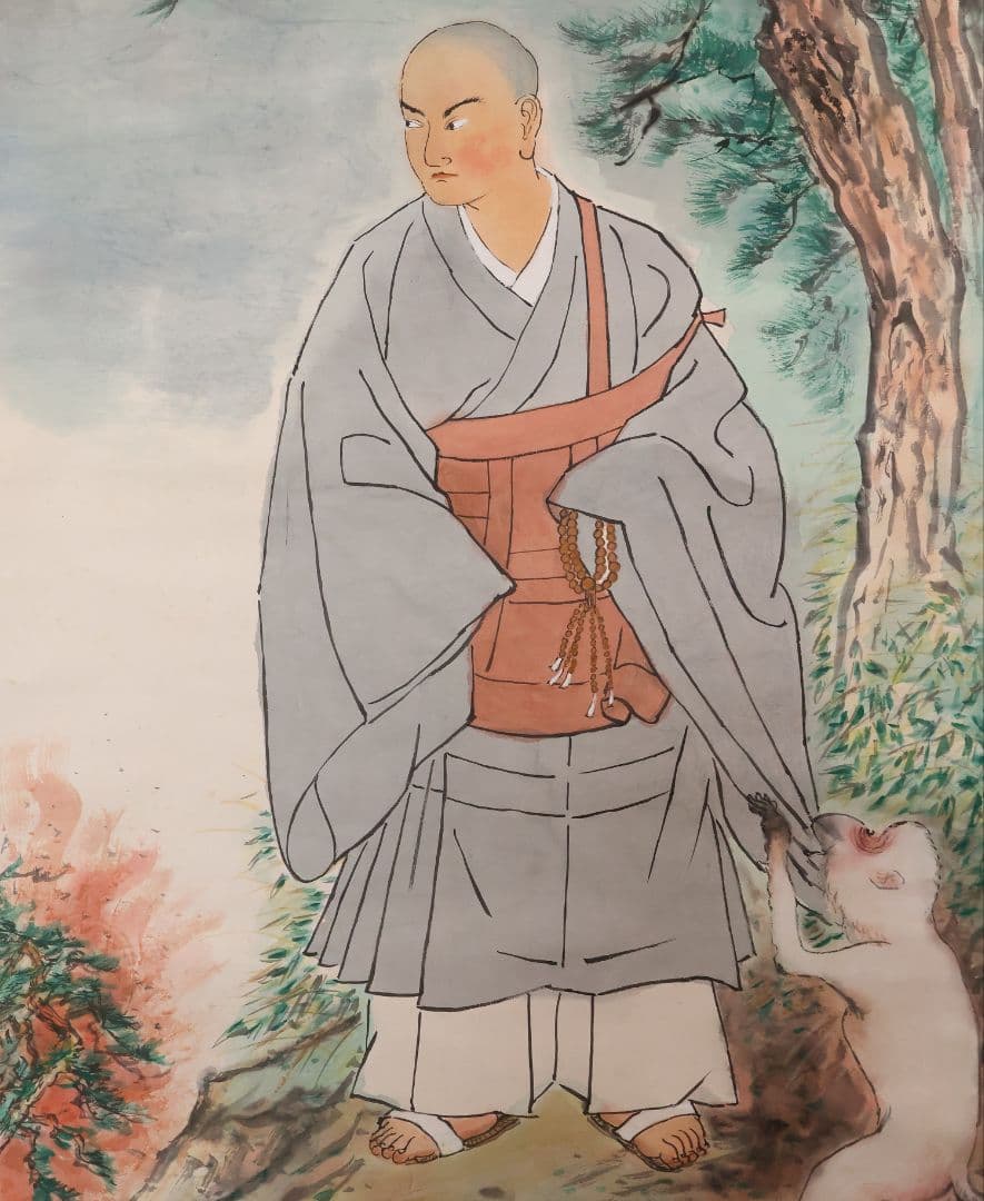 【模写】日本画 彩色 大木豊平「日蓮上人・白猿図」紙本 掛軸 大幅 MA553