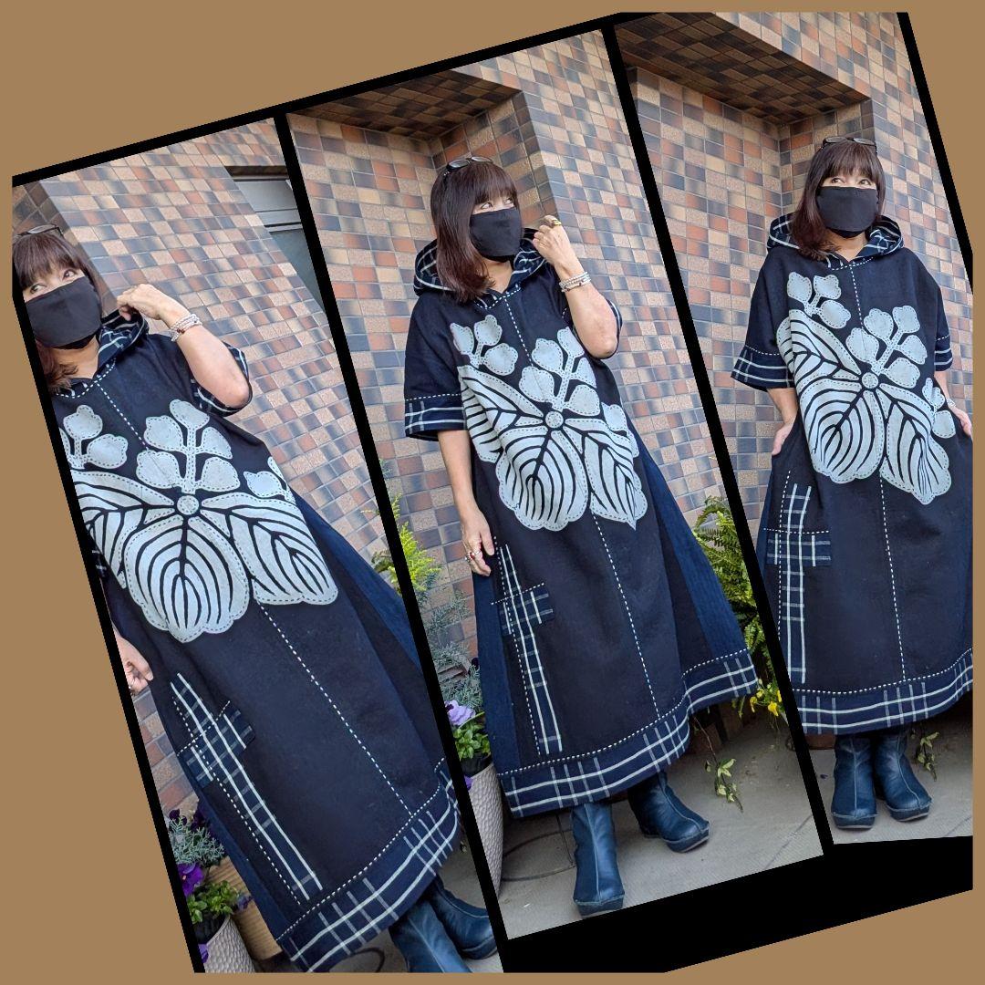藍染家紋風呂敷♥古布リメイクワンピースフード付き　藍染古布合わせ