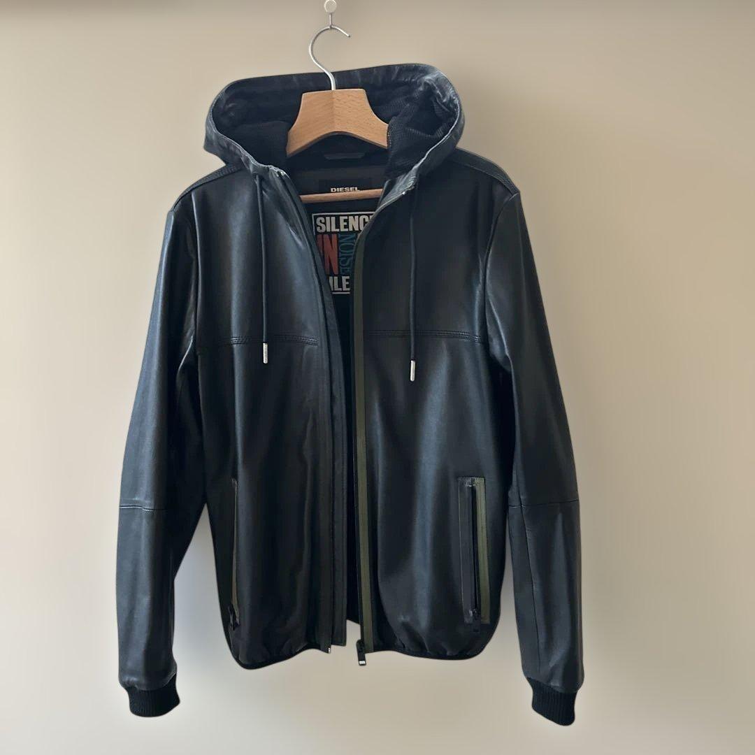 【DIESEL】 フード付きブラックレザージャケット パーカー サイズS 美品
