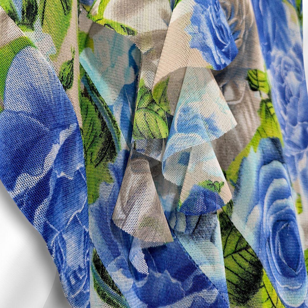 【美品】社交ダンス 衣装 ドレス 青薔薇柄 ブルー ラインストーン 黒