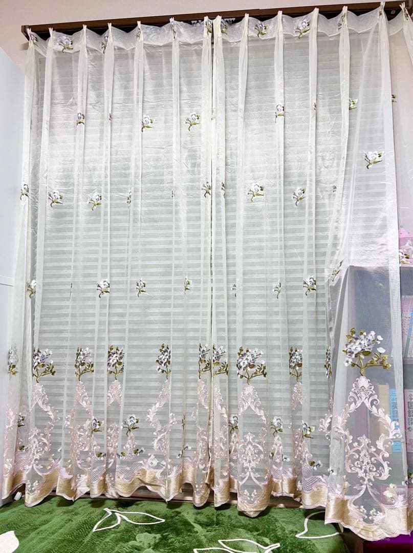 2枚組 レースカーテン 刺繍 サロン 店 ルーム カーテン おしゃれ 花柄 安
