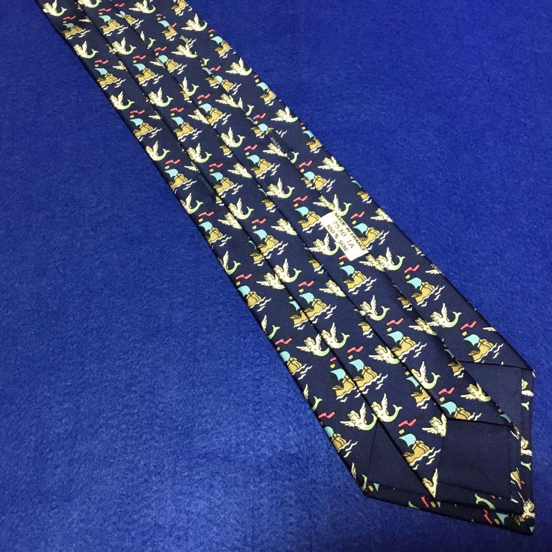 【未使用】エルメス　ネクタイ　ネイビー　帆船　人魚