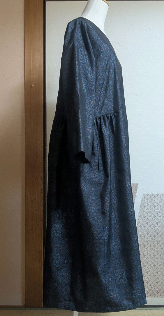 着物リメイク紬のギャザーワンピース
