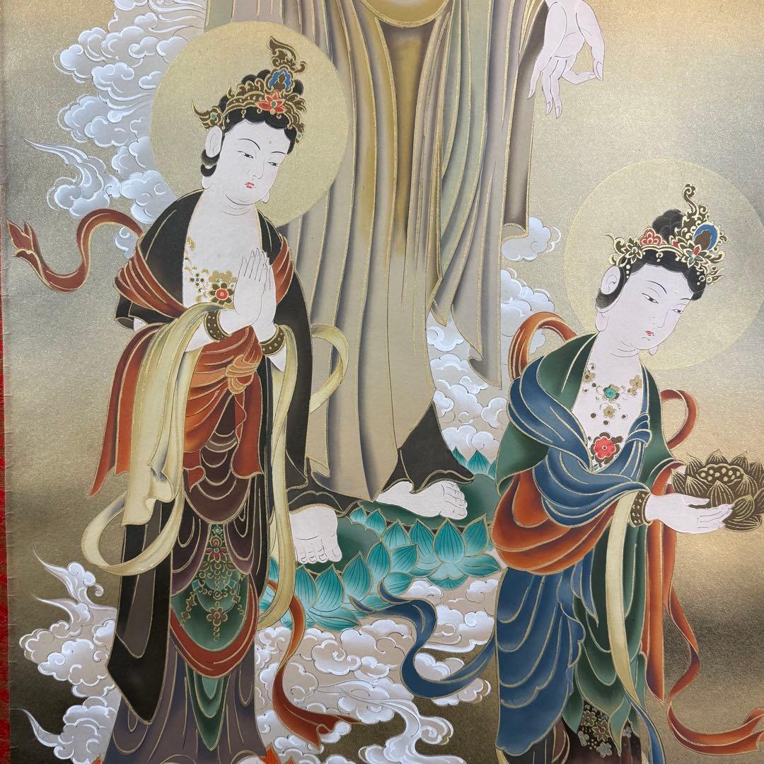 K179 福田素仙 「三尊佛」 掛軸 日本画 絹本 紺地 共箱