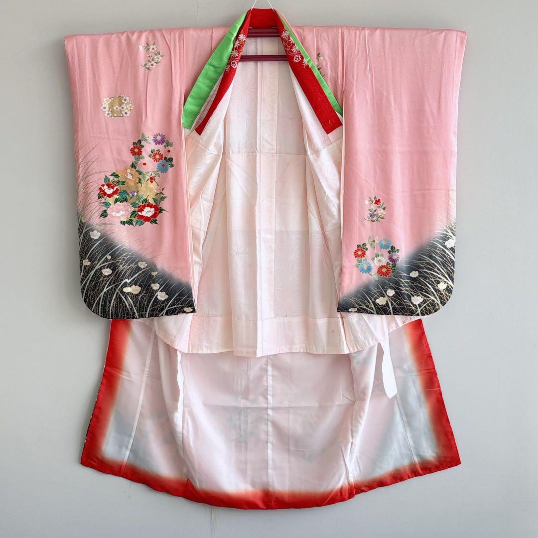 美品　フルセット　七五三７歳女児　ピンク地　袋帯緑　長襦袢付小物セット7290
