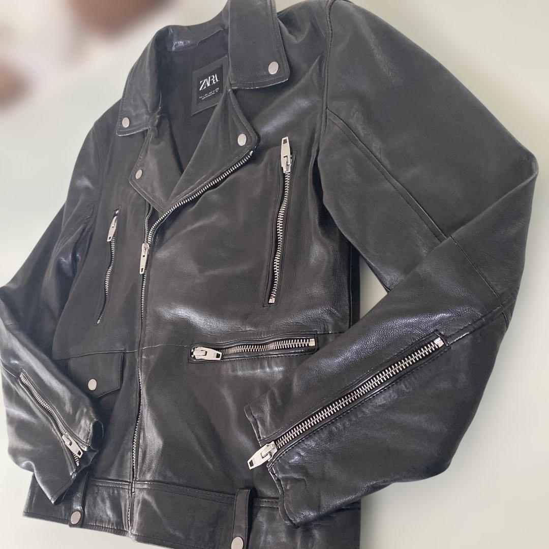 ZARA ブラック レザー ダブルライダースジャケット 羊革