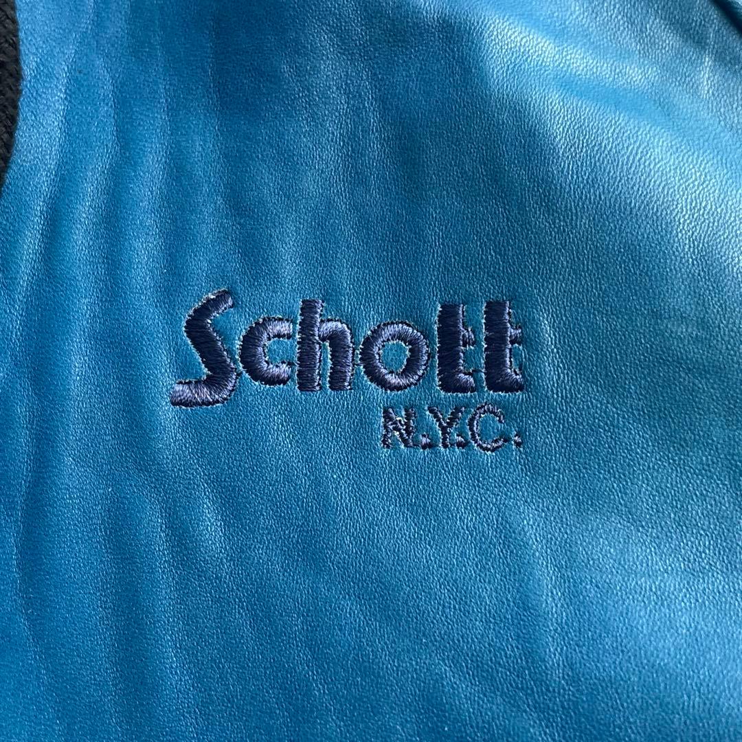 schott ショット【L】ラムレザー ジップパーカー レザージャケット ブルー