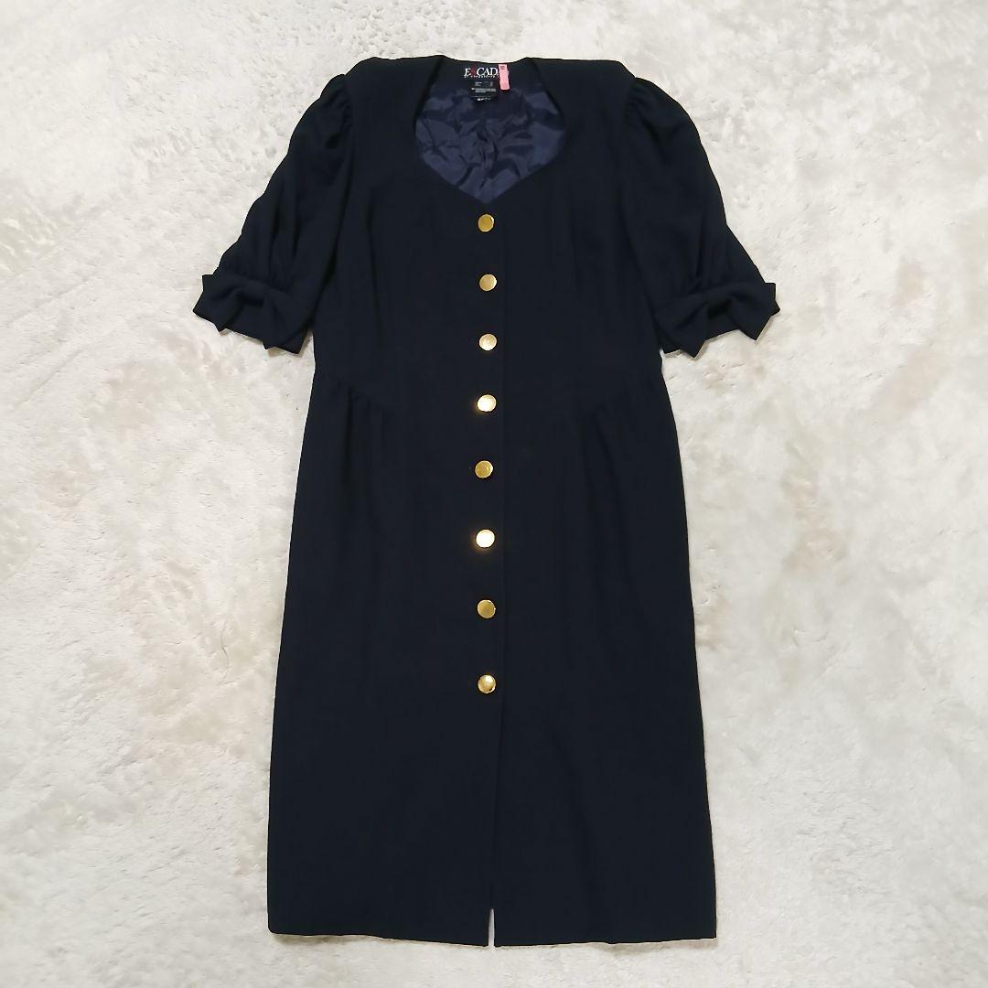 【極希少/美品】ESCADA 金釦 ノーカラーシャツワンピース リボンスリーブ
