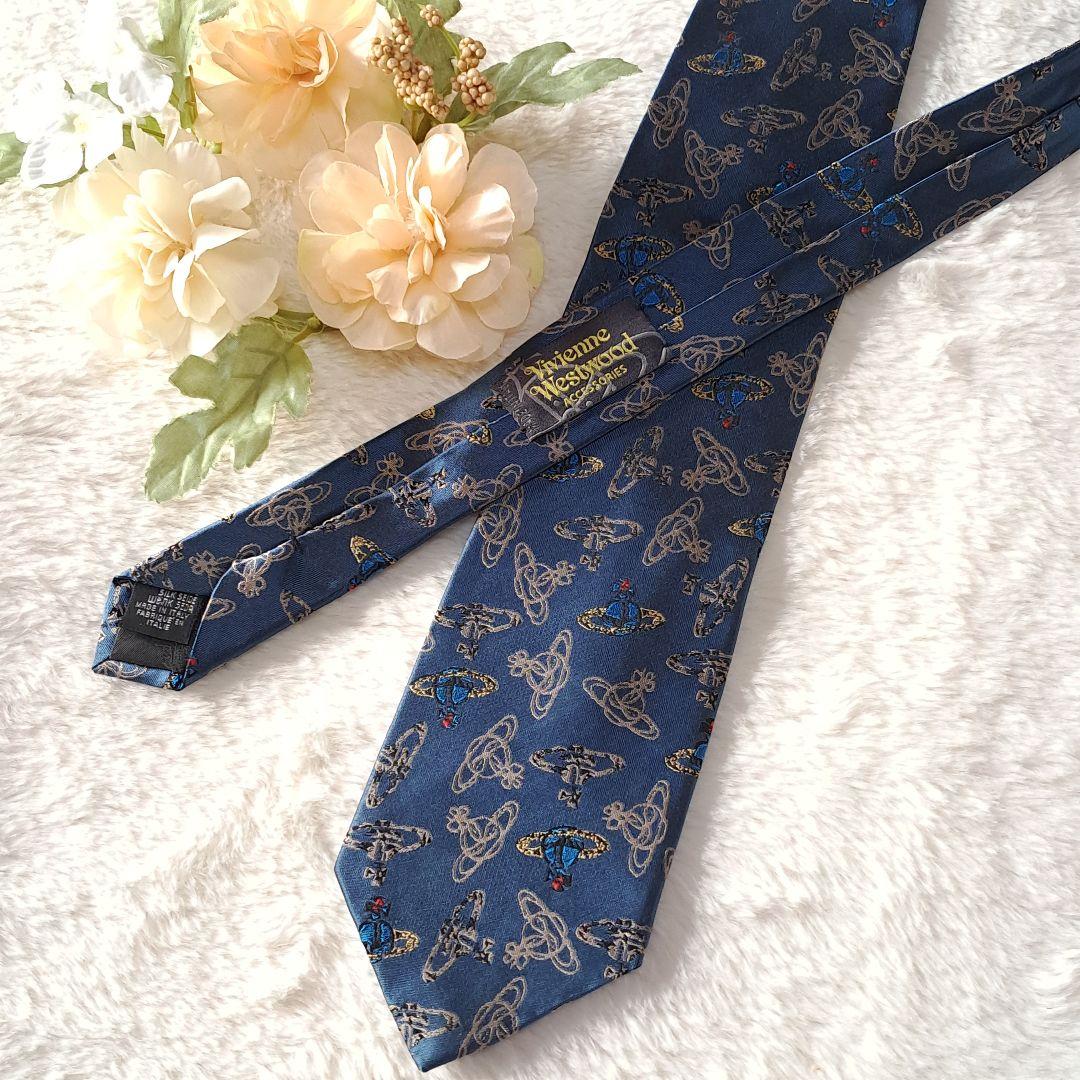 廃盤　ヴィヴィアンウエストウッド　ネクタイ　ネイビー　オーブ　総柄　刺繍　シルク