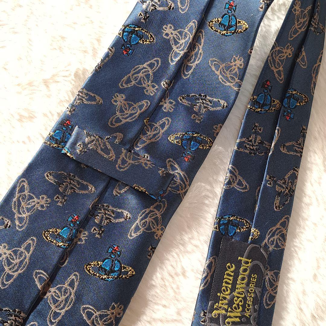 廃盤　ヴィヴィアンウエストウッド　ネクタイ　ネイビー　オーブ　総柄　刺繍　シルク