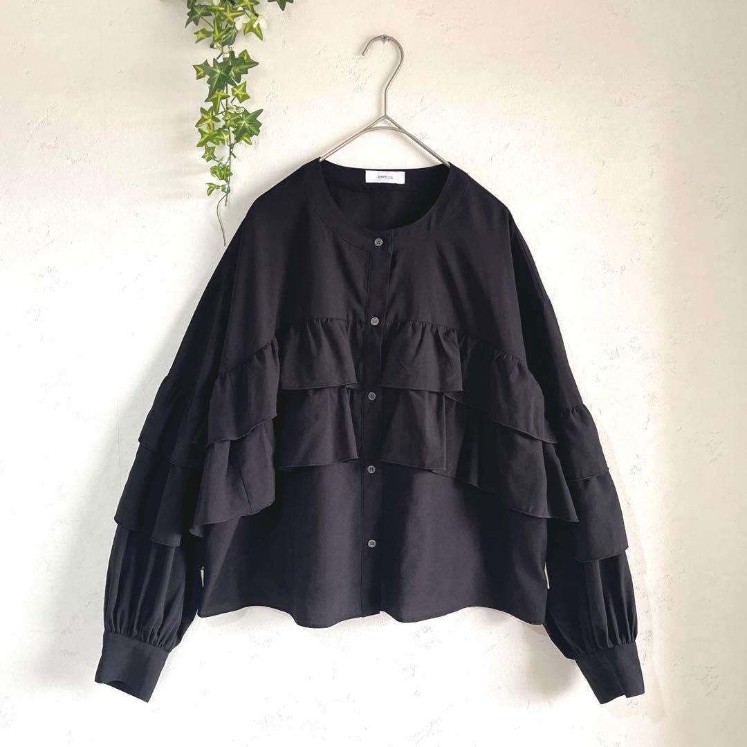 SHIPS any 美品　洗濯可　ボイルフリル バンドカラー シャツ ブラウス