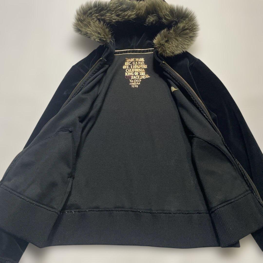 VON DUTCH ファー付きベルベットパーカー 刺繍ロゴ ブラック L Y2K