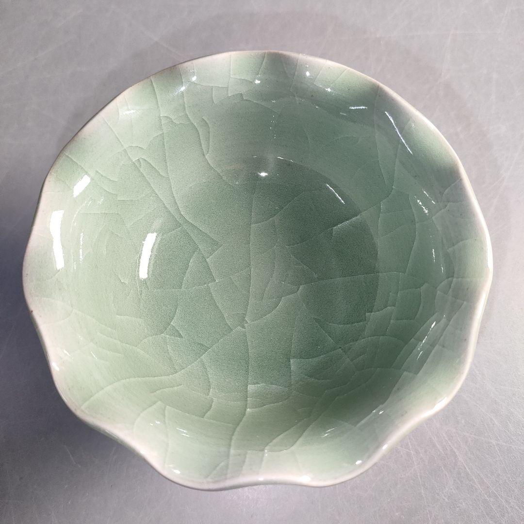 A1293-4/梶原茂正/青磁高台鉢5客/共箱/銘々皿/飾鉢/菓子鉢/懐石道具/