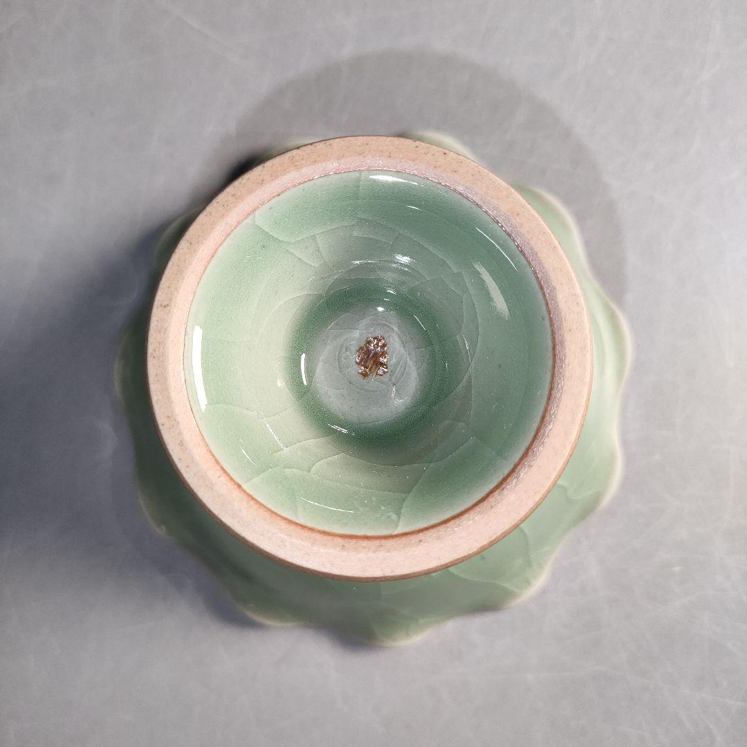 A1293-4/梶原茂正/青磁高台鉢5客/共箱/銘々皿/飾鉢/菓子鉢/懐石道具/