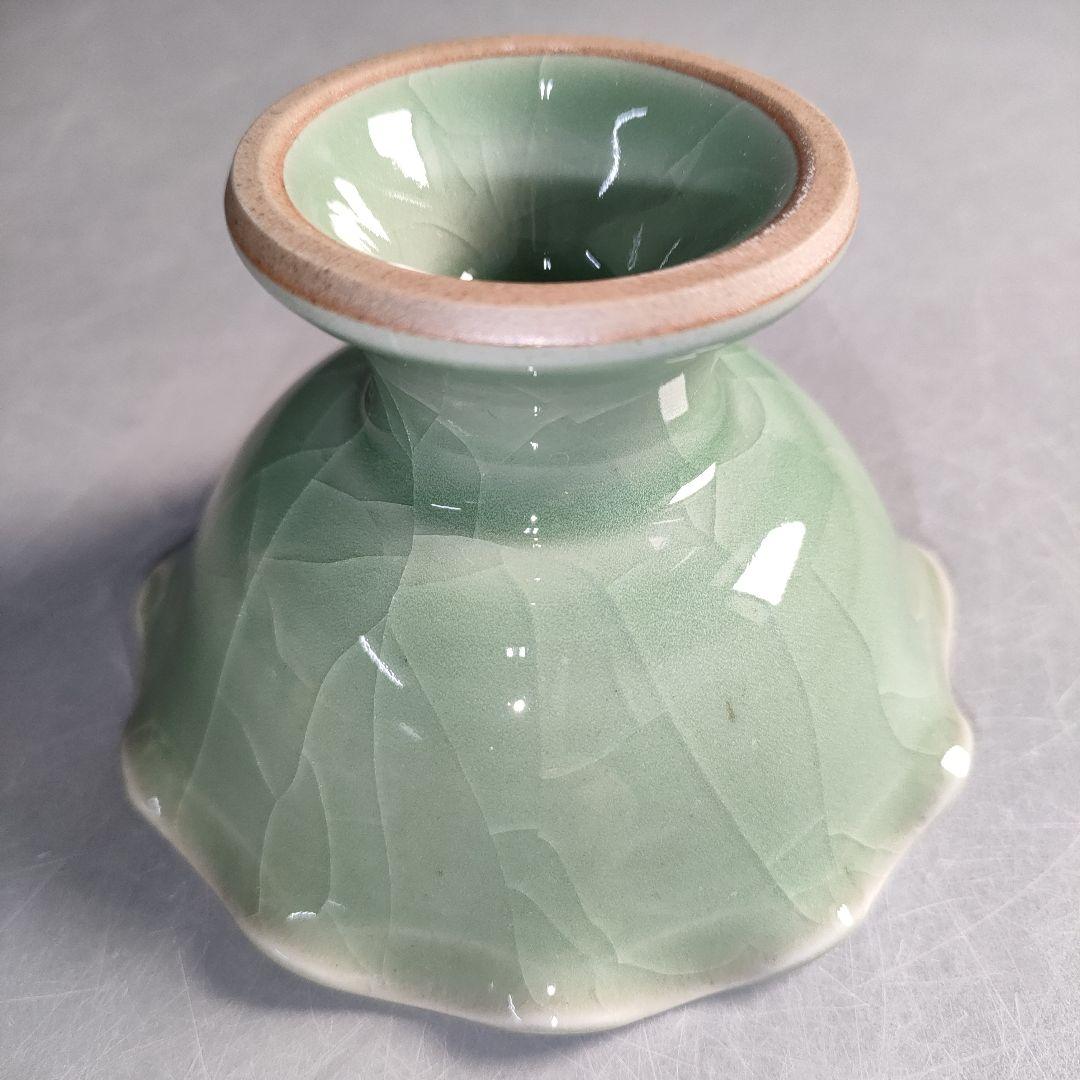 A1293-4/梶原茂正/青磁高台鉢5客/共箱/銘々皿/飾鉢/菓子鉢/懐石道具/