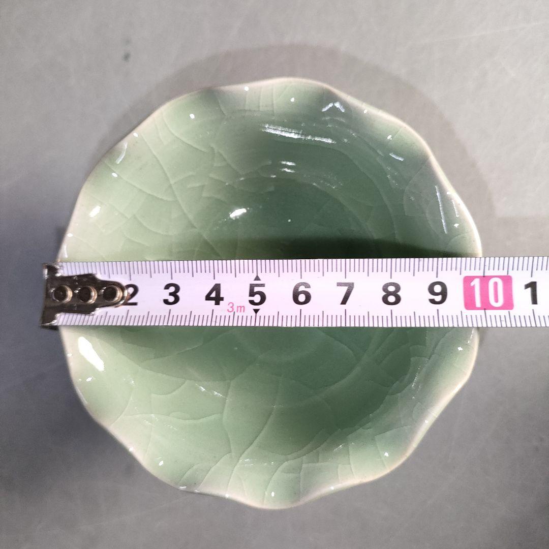 A1293-4/梶原茂正/青磁高台鉢5客/共箱/銘々皿/飾鉢/菓子鉢/懐石道具/