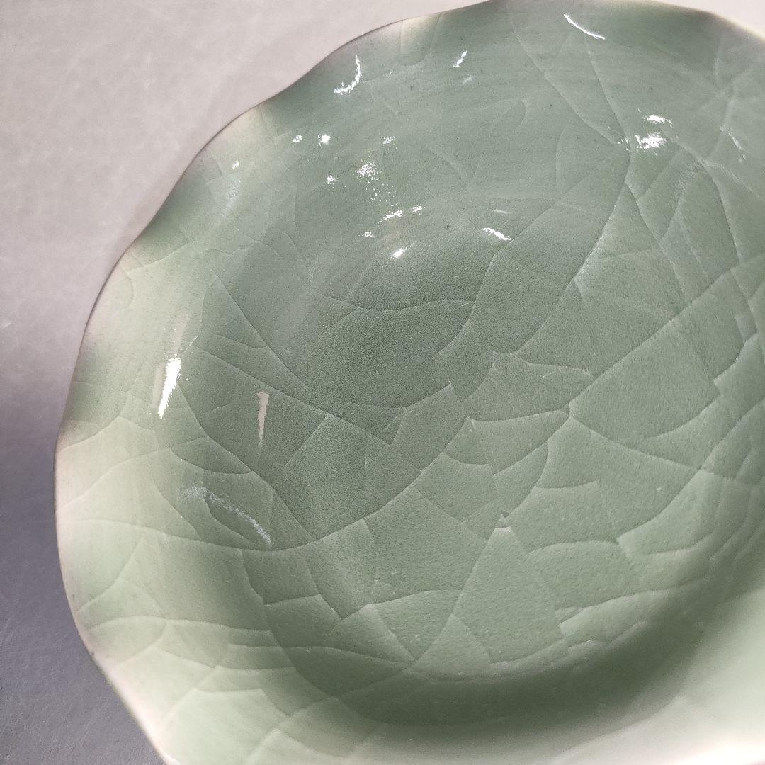A1293-4/梶原茂正/青磁高台鉢5客/共箱/銘々皿/飾鉢/菓子鉢/懐石道具/