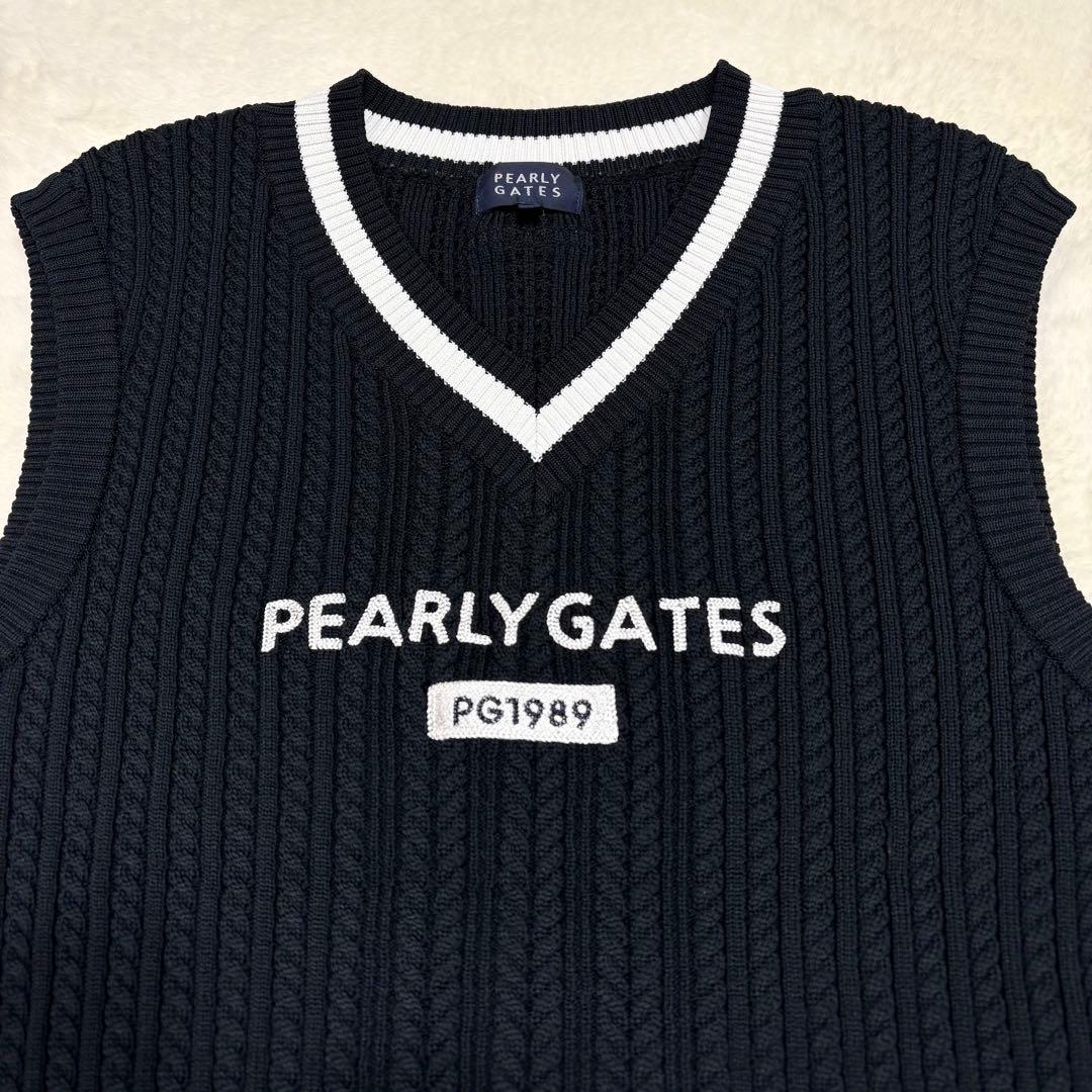 PEARLY GATES ケーブルニット ベスト ジレ ロゴ刺繍 黒 大きい6