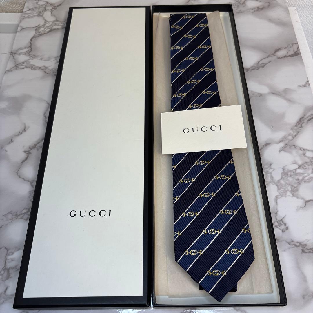 【極美品✨】GUCCI ネクタイ 現行タグ　ホースビット　GG ブルー　青　紺
