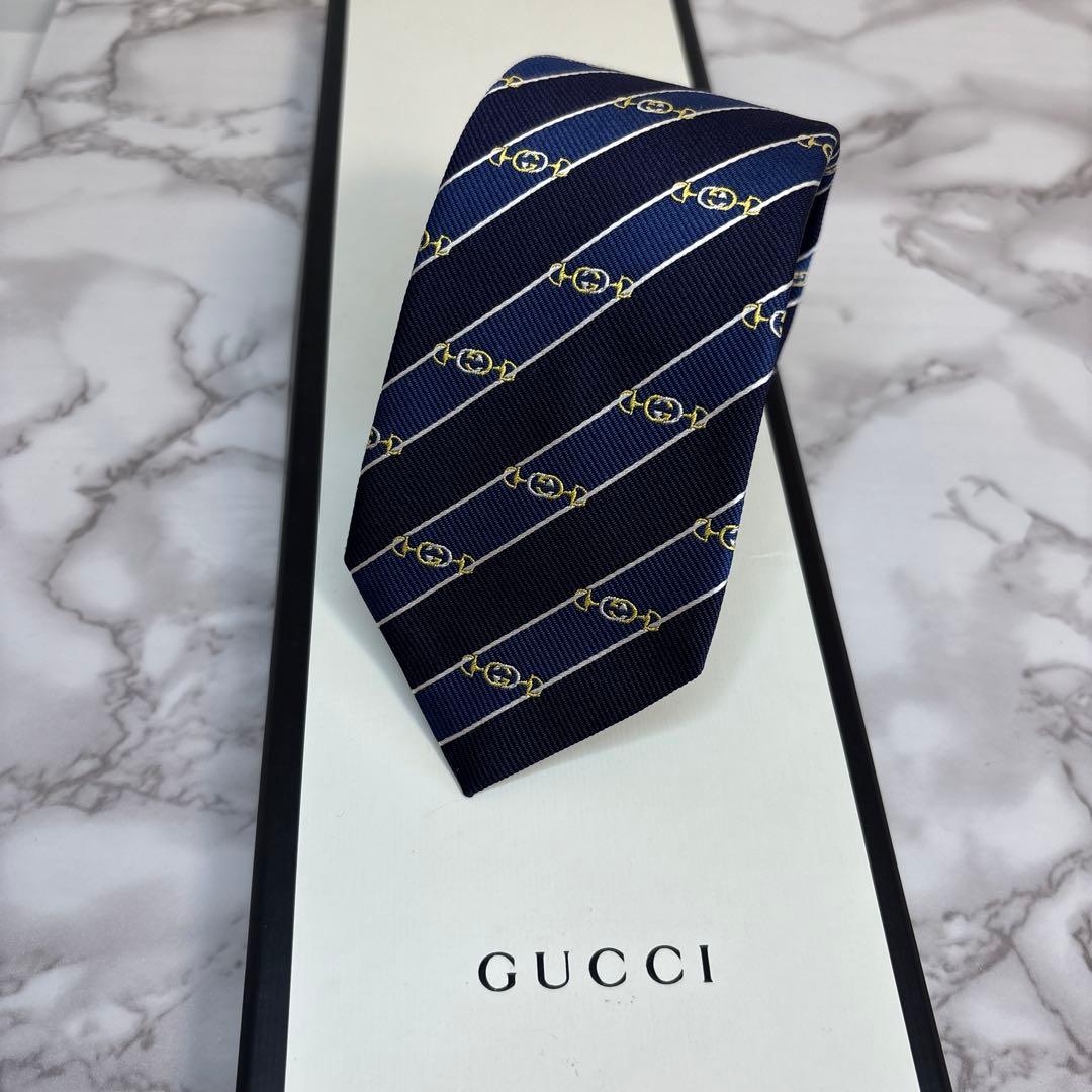 【極美品✨】GUCCI ネクタイ 現行タグ　ホースビット　GG ブルー　青　紺