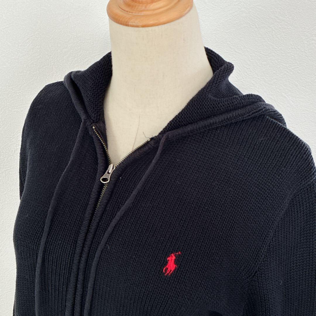 【美品】ラルフローレン ジップアップコットンニットパーカー 黒 ポニー刺繍 L