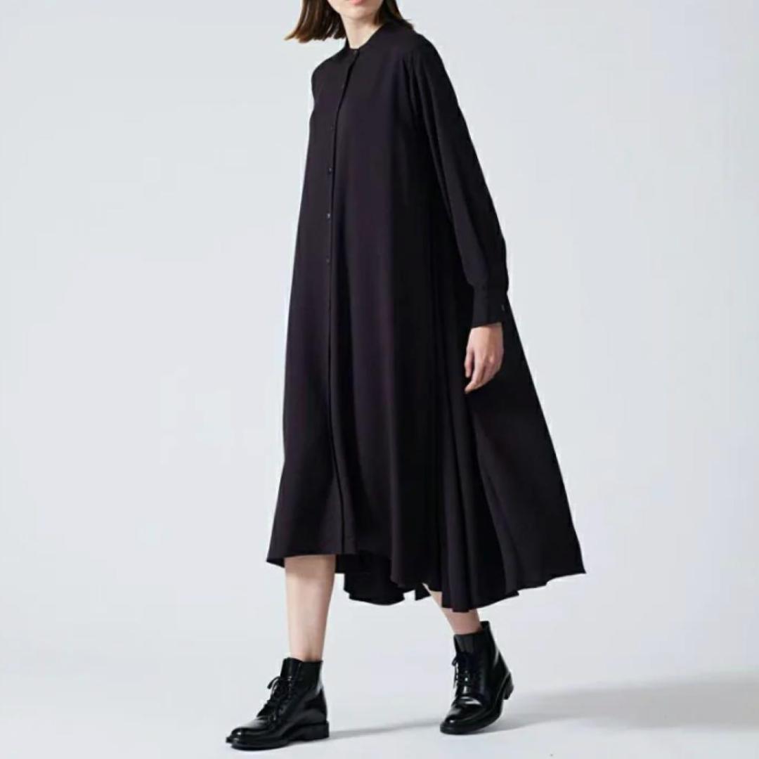 ミズイロインド T/Rスタンドカラーフレアワンピース 定価2.3万 ネイビー