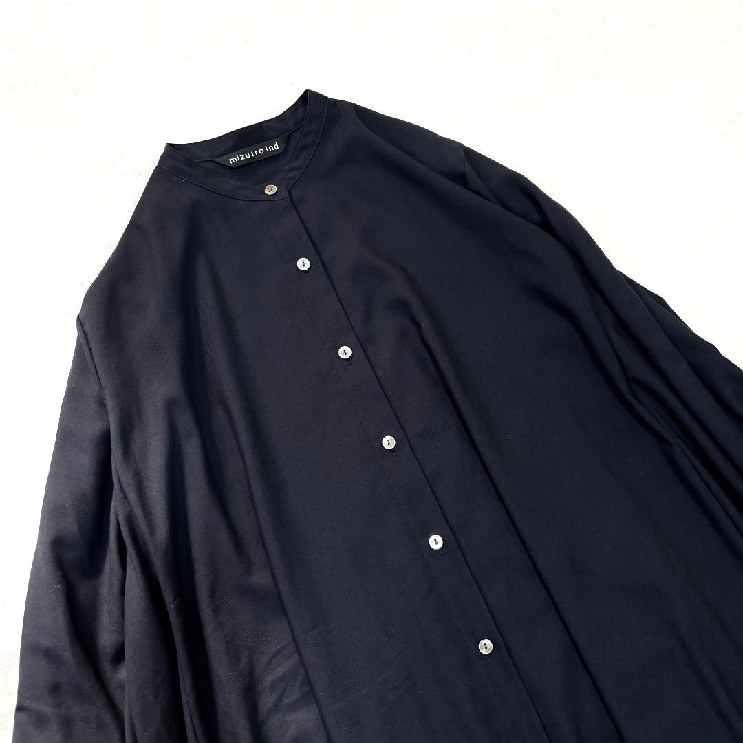 ミズイロインド T/Rスタンドカラーフレアワンピース 定価2.3万 ネイビー