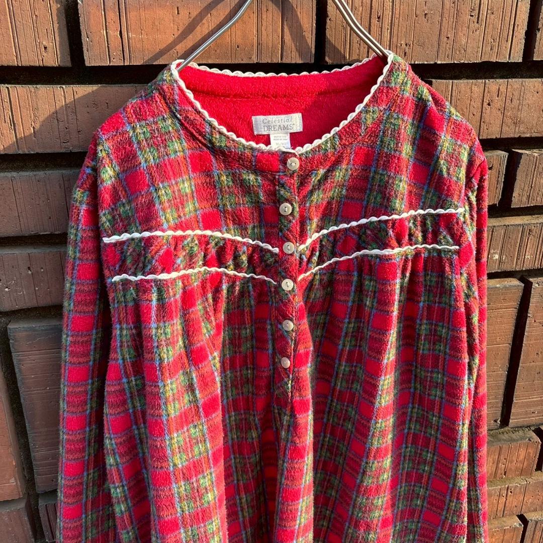 US vintage 赤チェック　フリース　ワンピース Q286