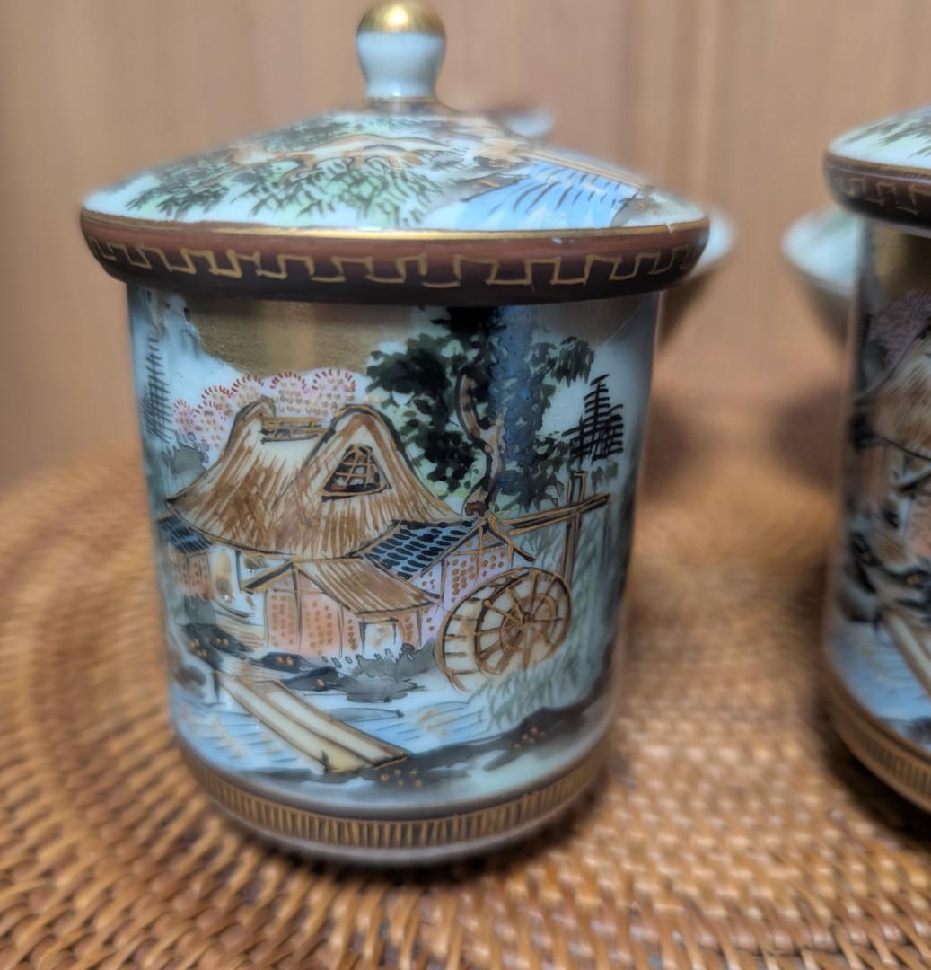 九谷焼焼き.夫婦蓋付湯呑.夫婦蓋付茶碗.金彩、色絵年代物