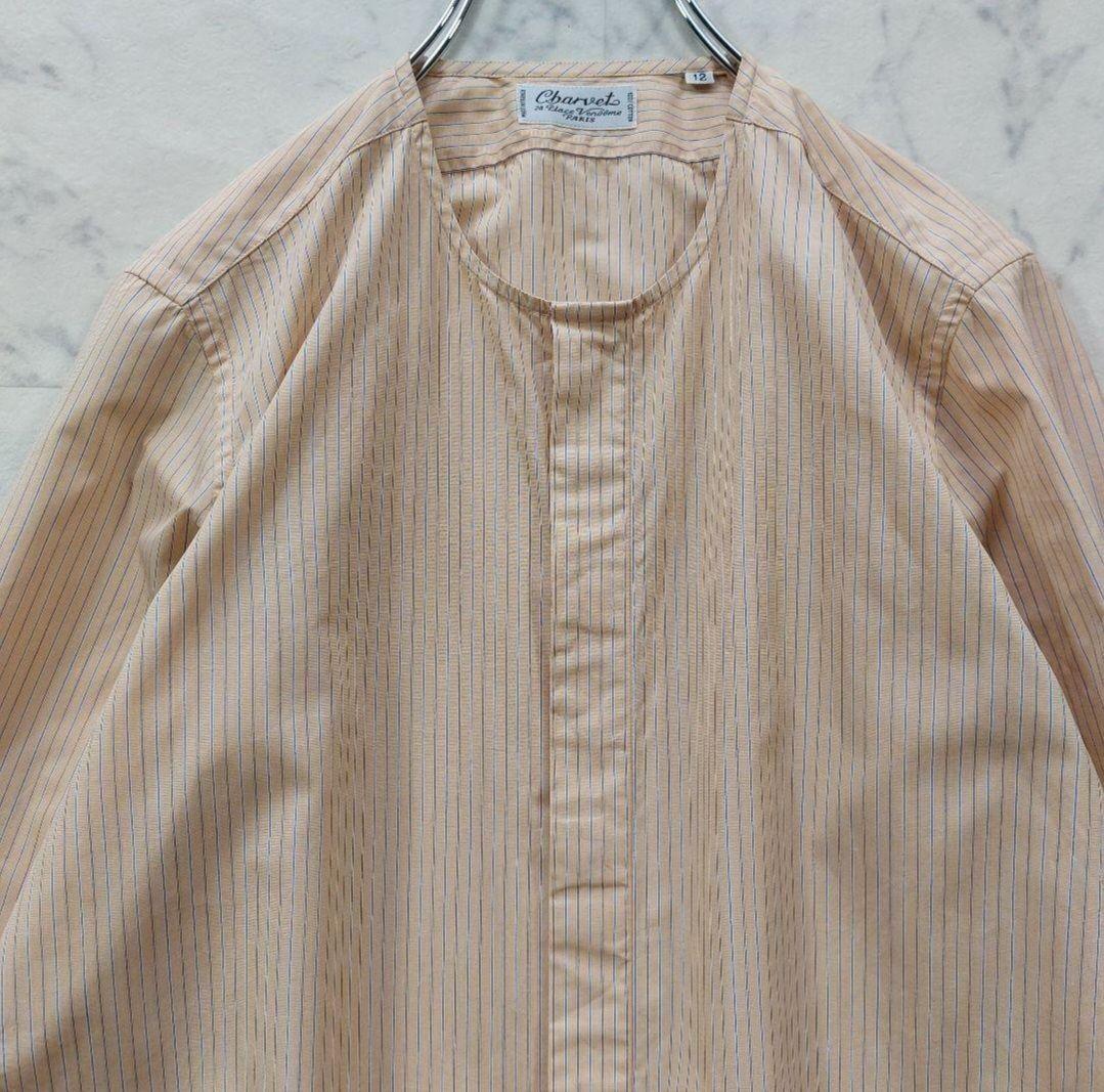 高級 シャルベ Charvet フランス製 ストライプ ノーカラーシャツ 12