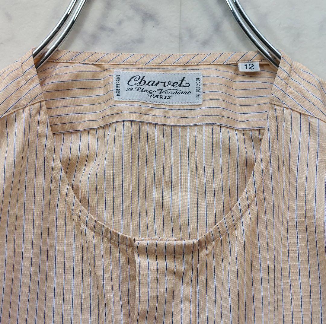 高級 シャルベ Charvet フランス製 ストライプ ノーカラーシャツ 12