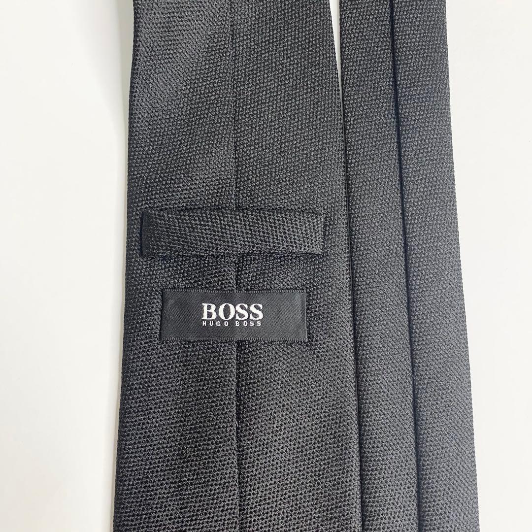 HUGO BOSS 無地系 ソリッド ジャカード シルク100黒 ネクタイ