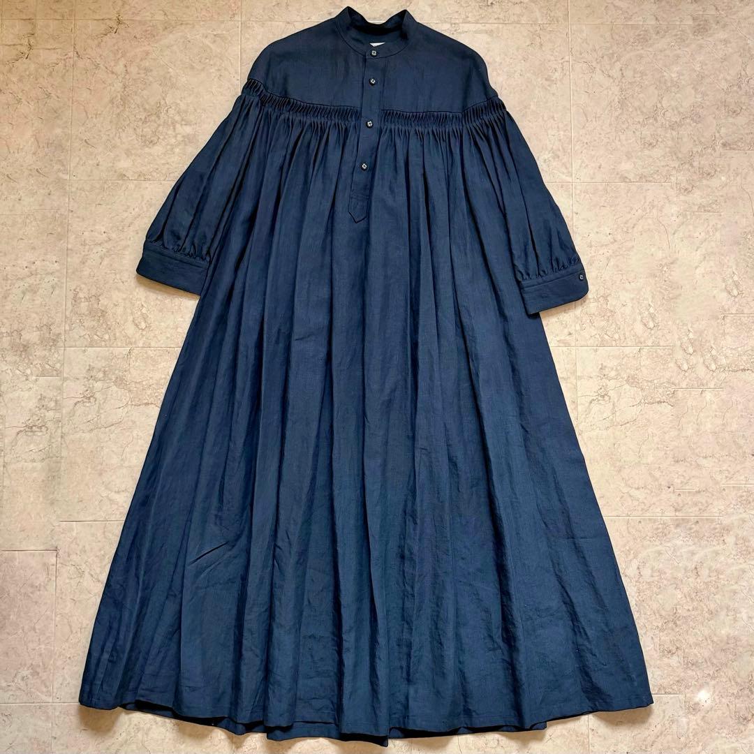 Scye リネンピンタックドレス ワンピース ネイビー L