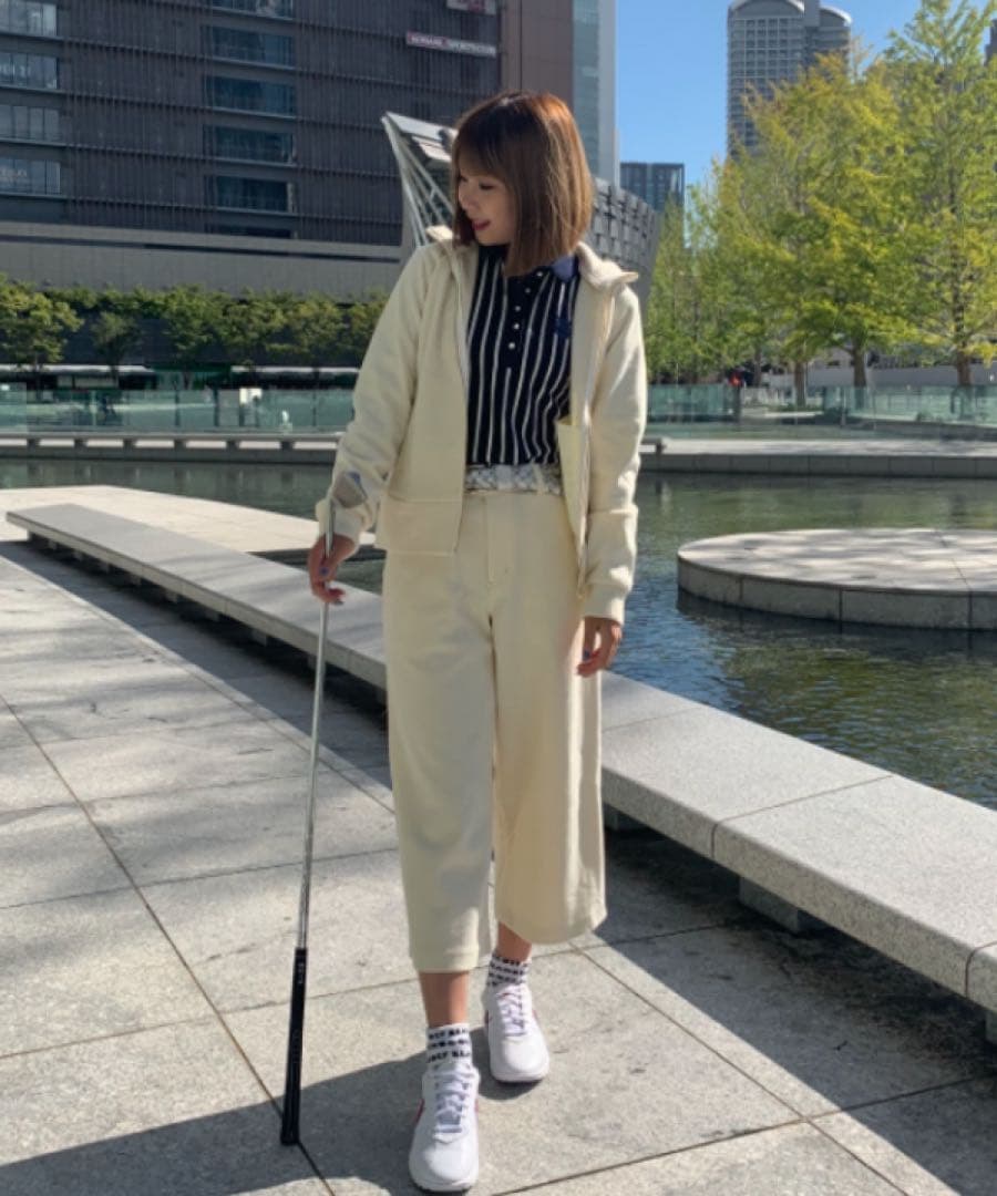 BEAMS GOLF ビームスゴルフ パール付き ベロア調長袖ポロシャツ M 紺